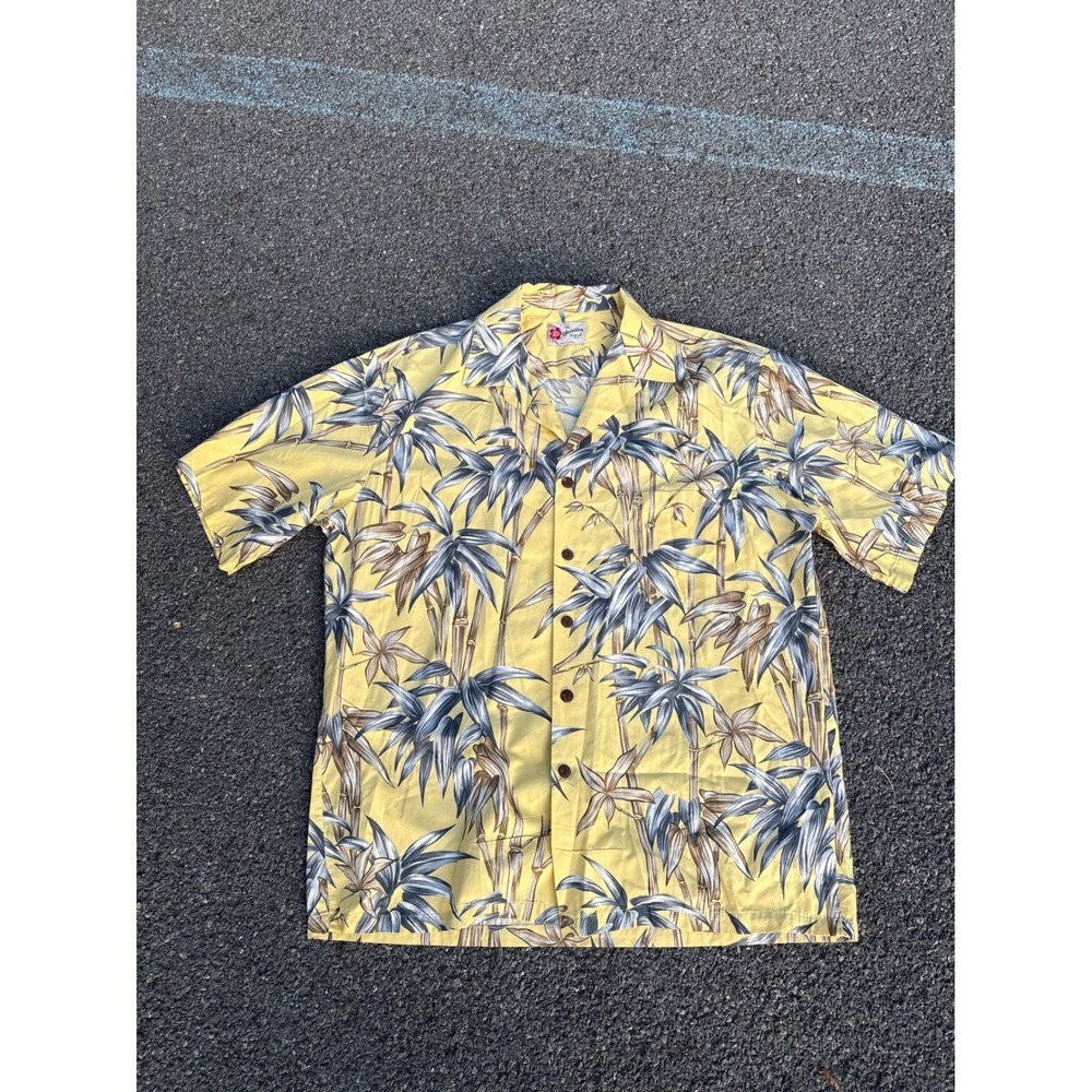 Hilo Hattie Hawaiian Shirt Yellow Bamboo Palm Print Aloha Men's Large